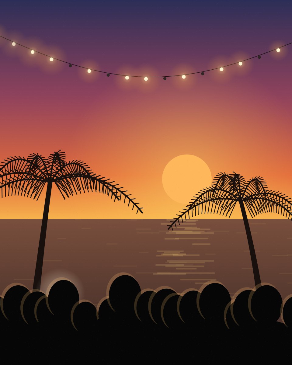 Coucher de soleil sur la plage, guirlandes et foule