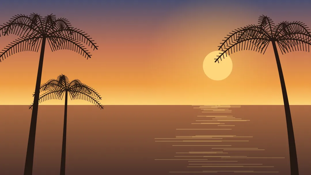 La plage au coucher du soleil, palmiers